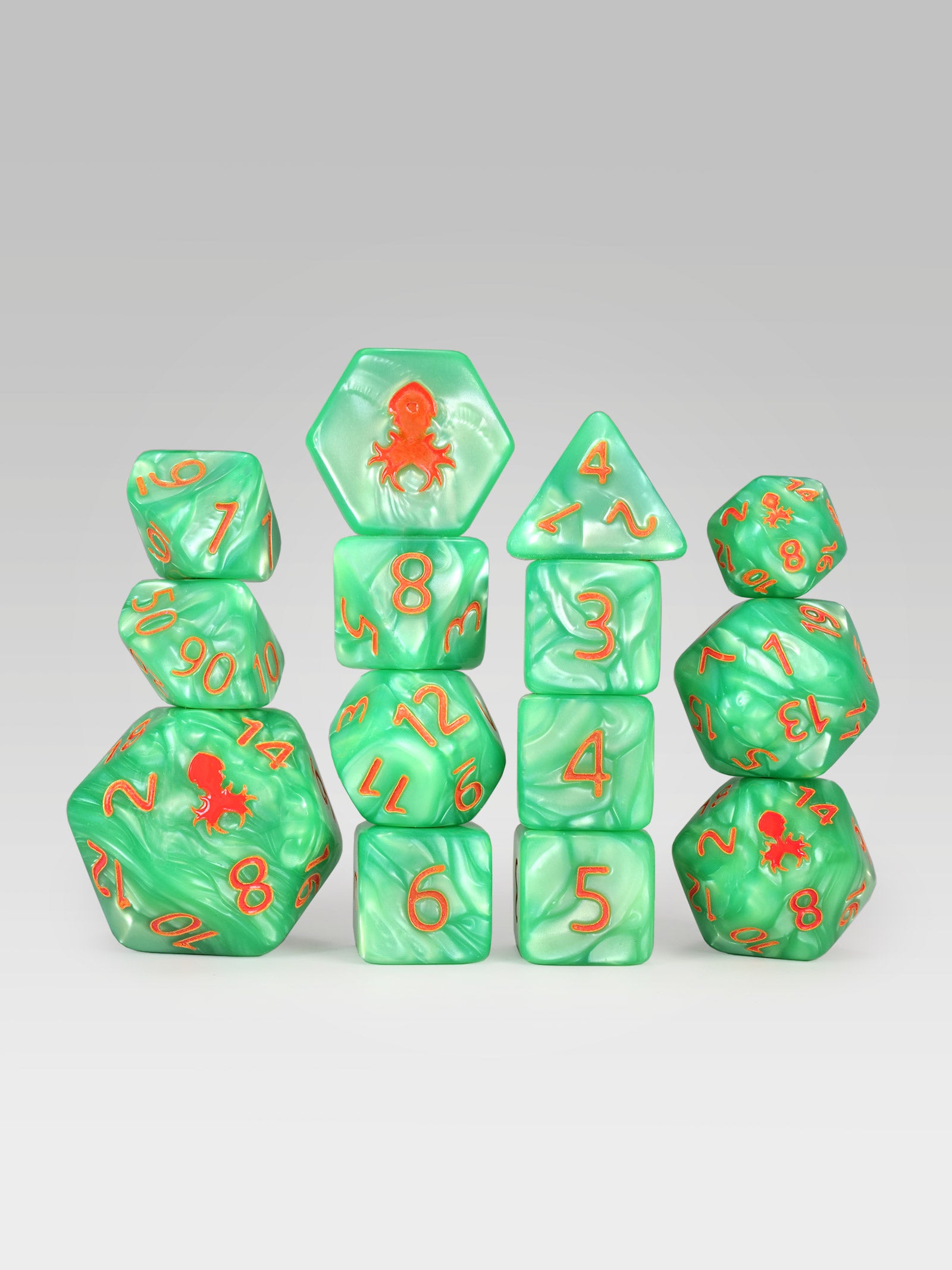 Kraken's Signature Green 14pc Dice Set inked in Orange